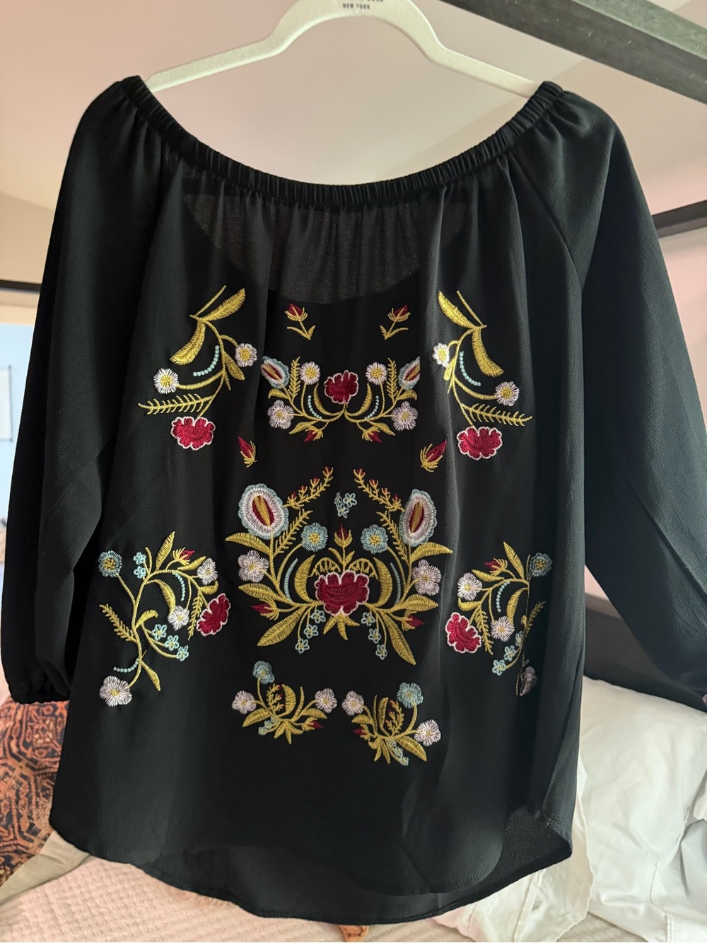 Black Off-Shoulder Embroidered Floral Blouse